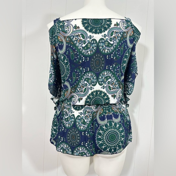 NEW Jon & Anna Top Sz L Blue Cold Shoulder Short Sleeve Casual Elastic Waist - Picture 8 of 10